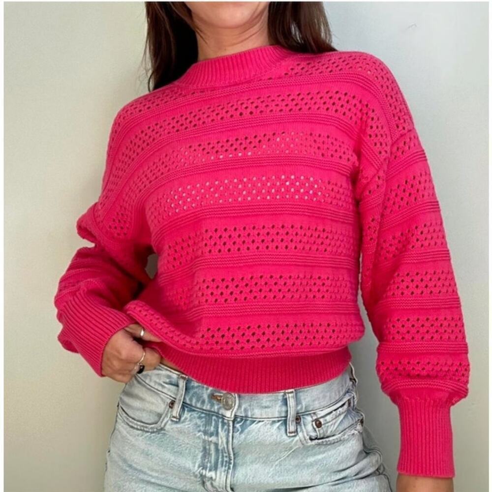 Marc New York Women's M Pink Sweater Open Knit Crew Neck Cotton Ballon Sleeve